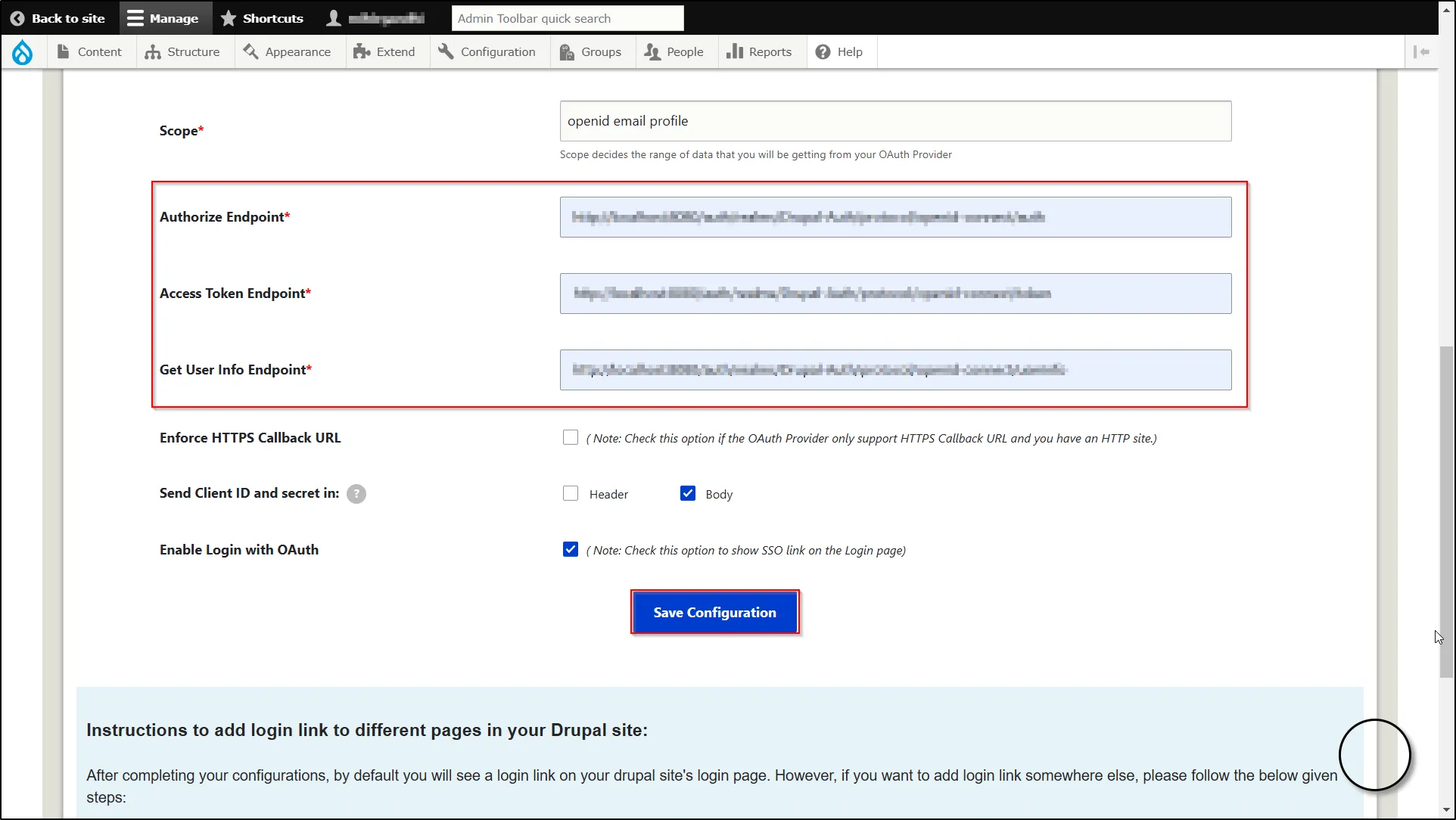 Drupal OAuth 2.0 OIDC Single Sign-on - Endpoints