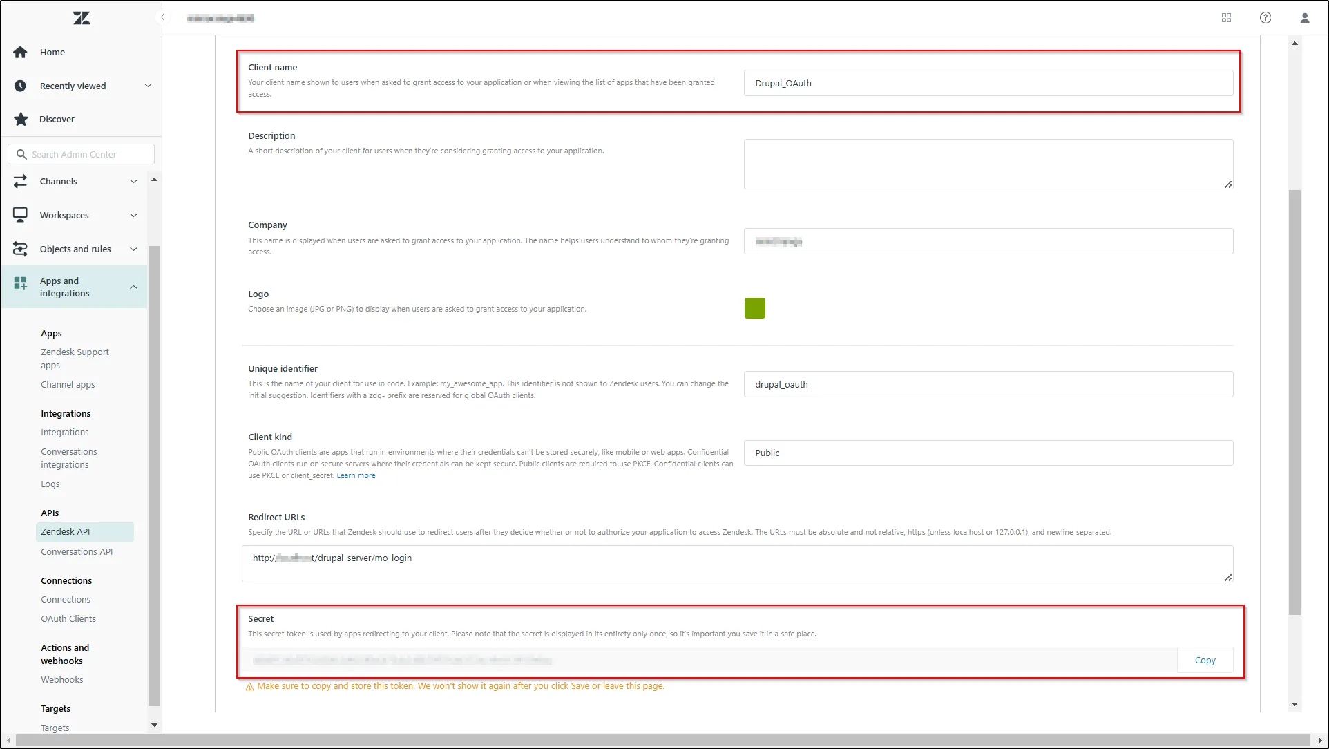 Zendesk SSO Login copy client credentials