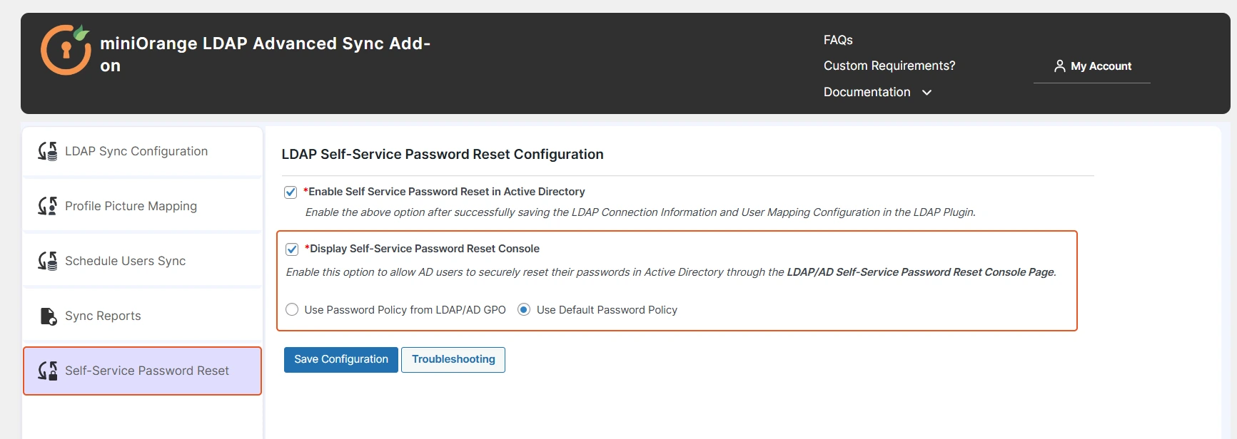 self service password reset configuration