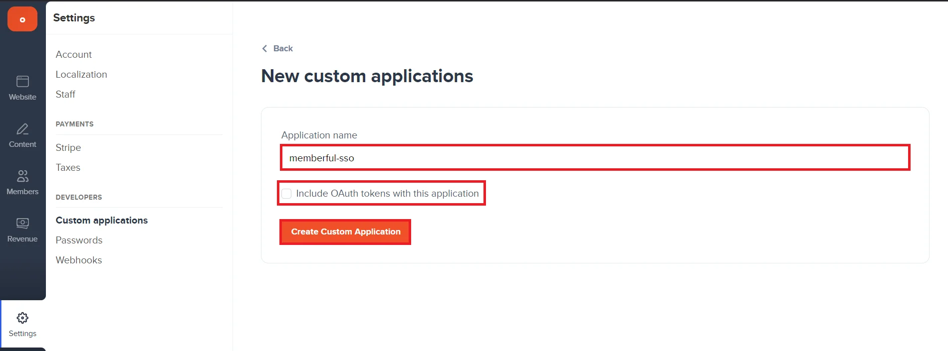 WordPress Memberful SSO - go to custom applications