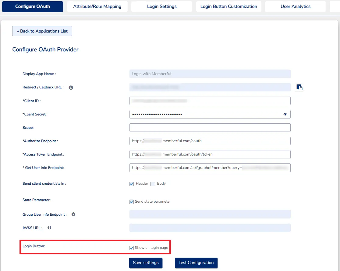 Memberful Single Sign-on (SSO) - Memberful OAuth - WordPress create-newclient login button setting