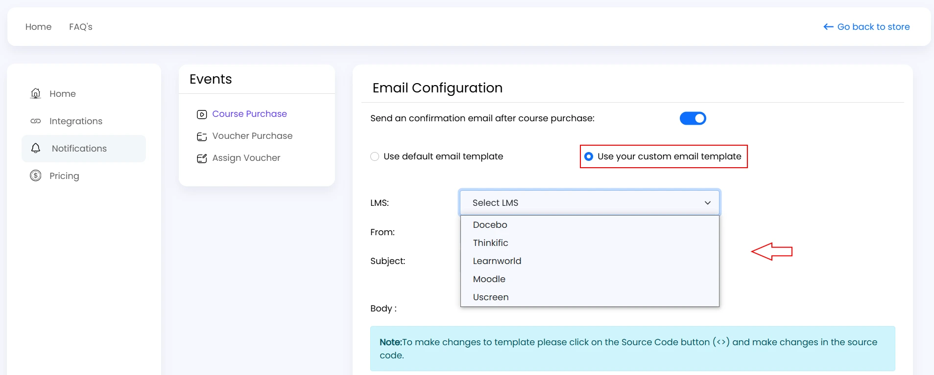 Shopify SyncUP | Configure custom email events - Enable Custom Email Template