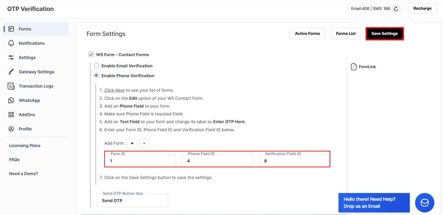 WS Form - Phone Verification click Save settings