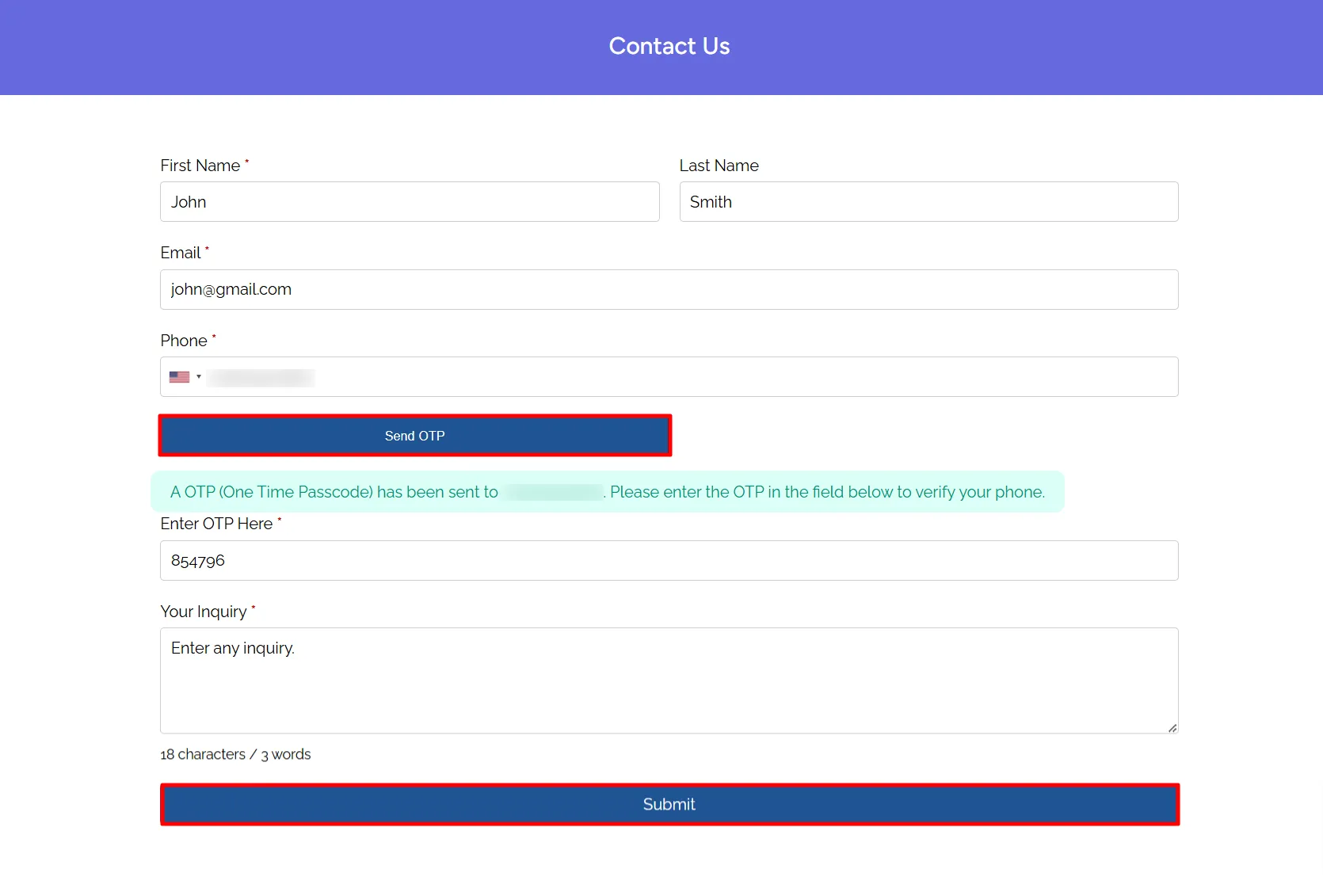 WS Form - Phone Verification Submit form