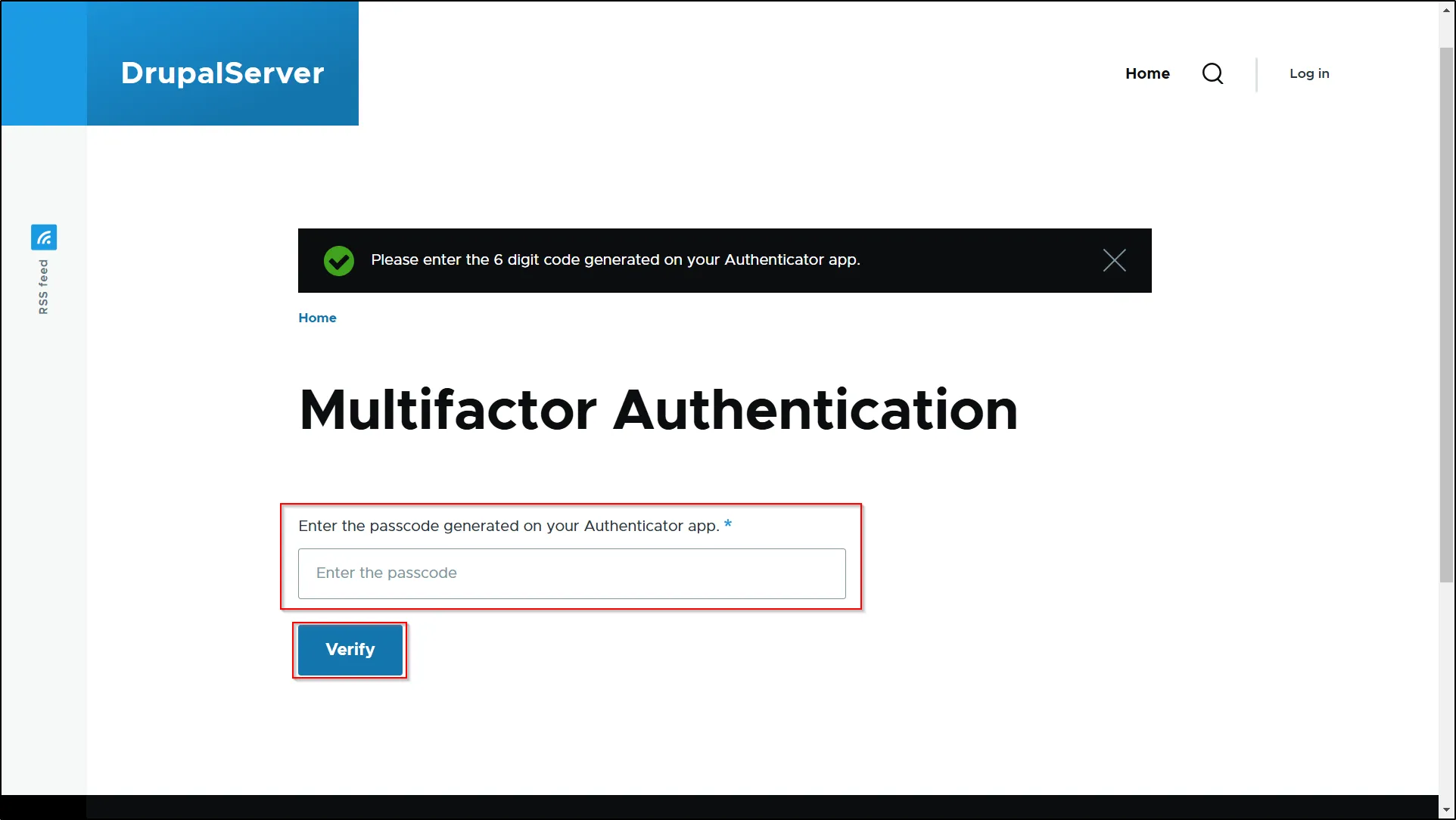 Drupal 2FA - Enter passcode and click verify