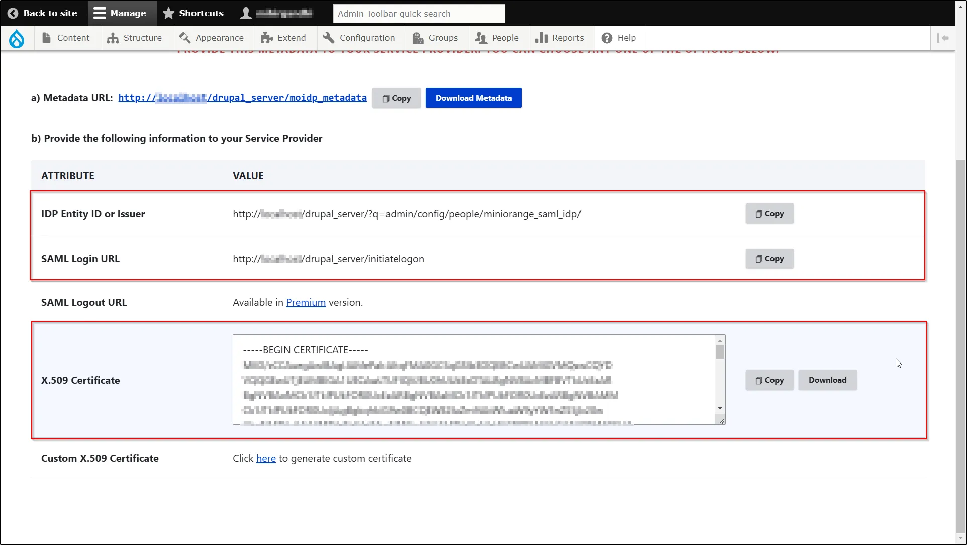 Drupal SAML IDP - copy metadata details