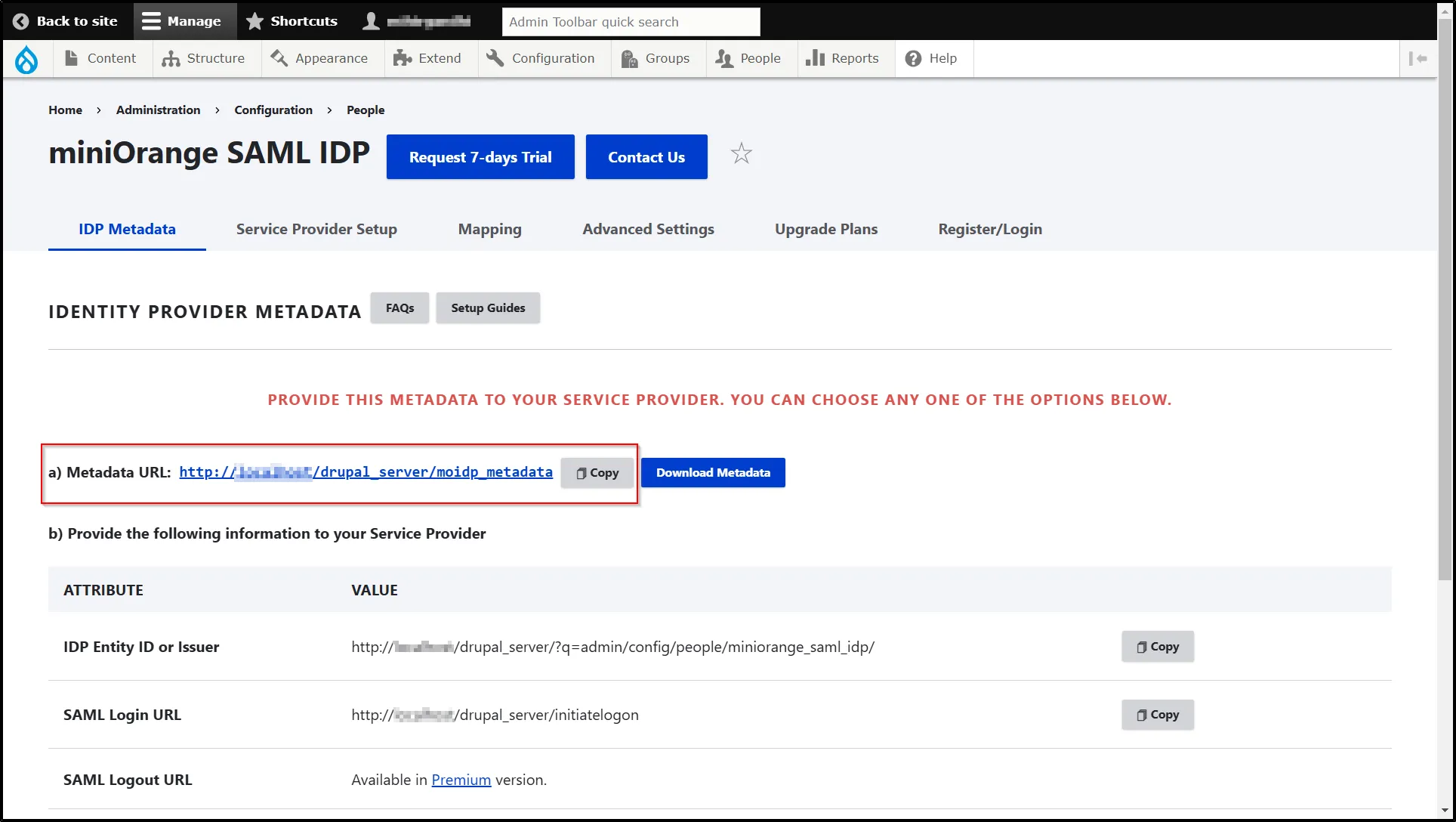 Drupal SAML IDP - Copy IDP Metadata URL