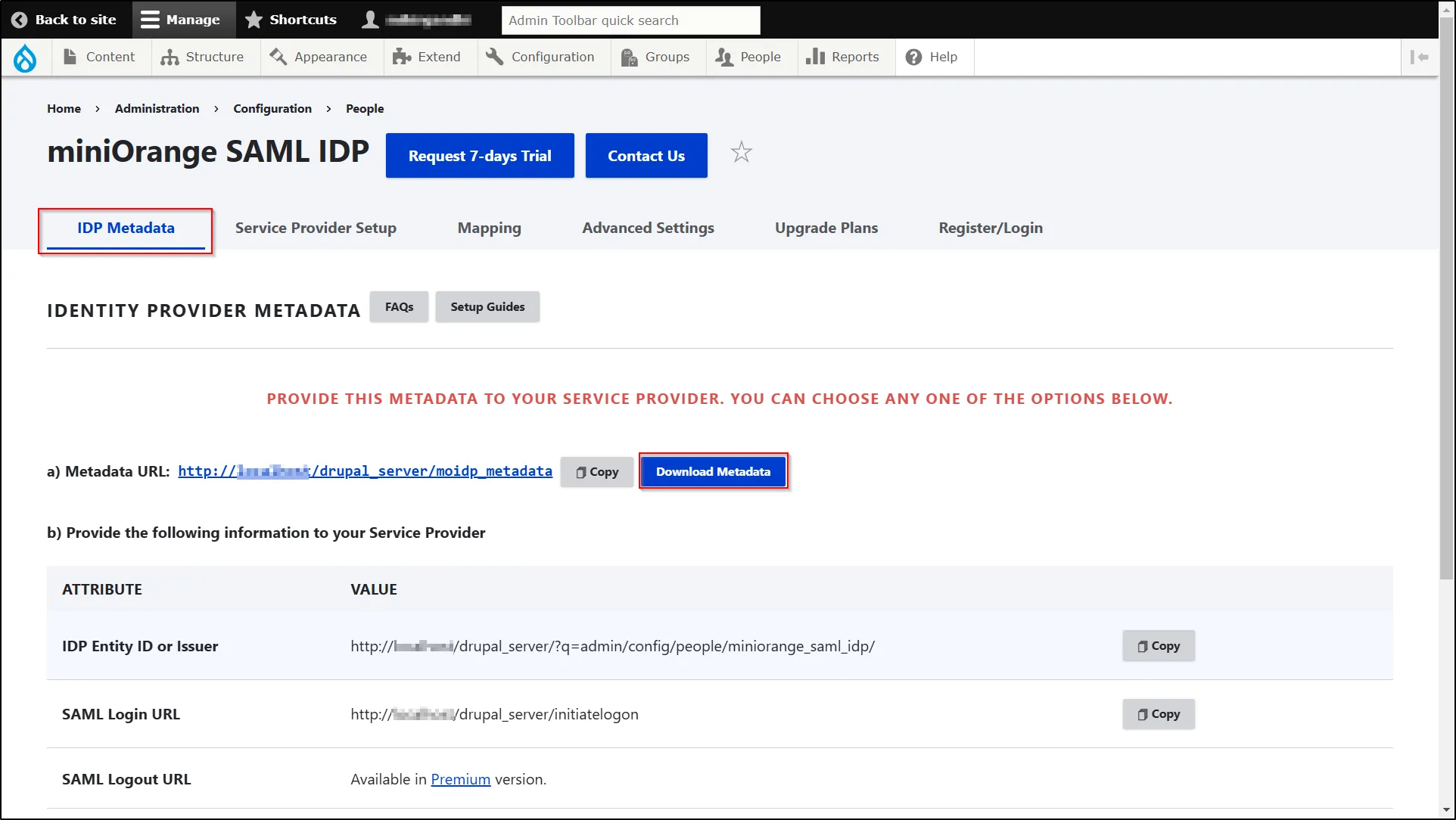 Drupal SAML IDP - Download Metadata File