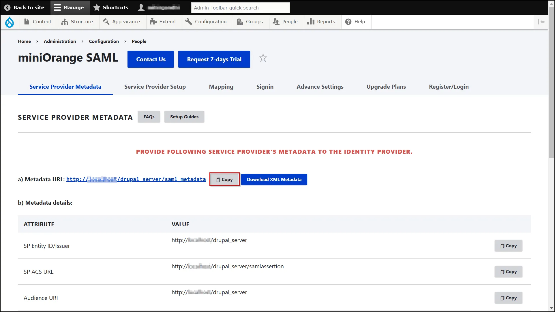 Drupal SAML SP - Copy SP Metadata URL