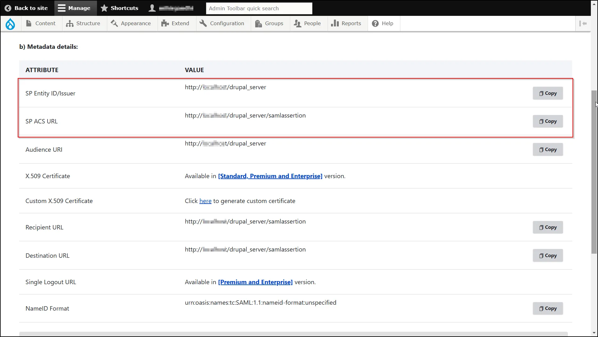 Drupal SAML SP - Copy SP Entity ID and SP ACS URL