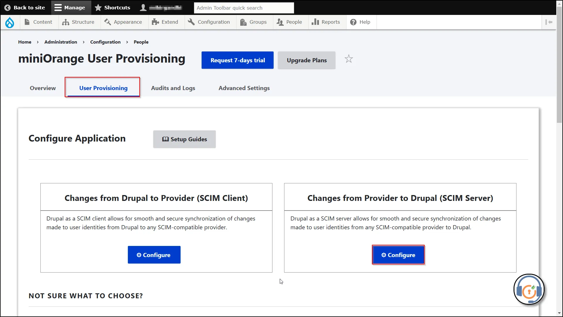 Drupal User Provisioning - SCIM Server - Click configure button