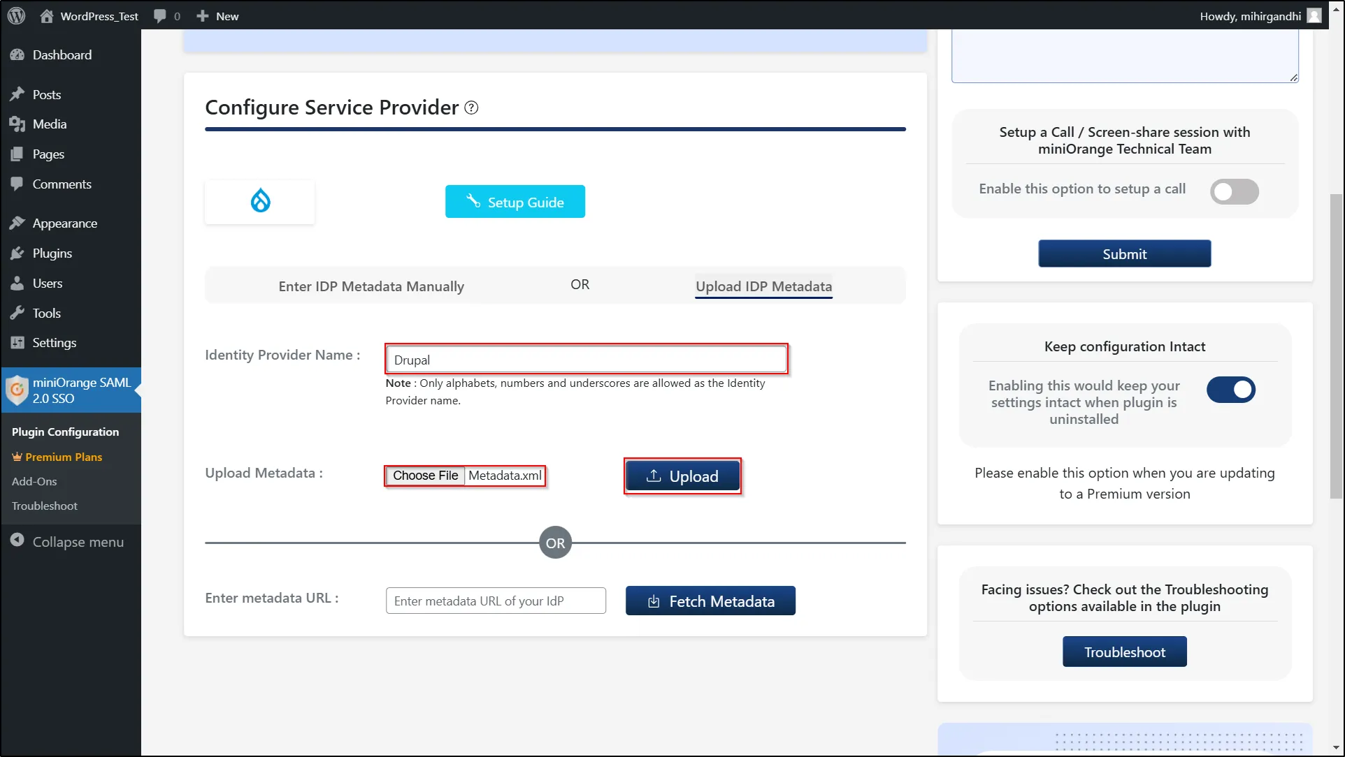 Drupal WordPress SSO - Upload Metadata file