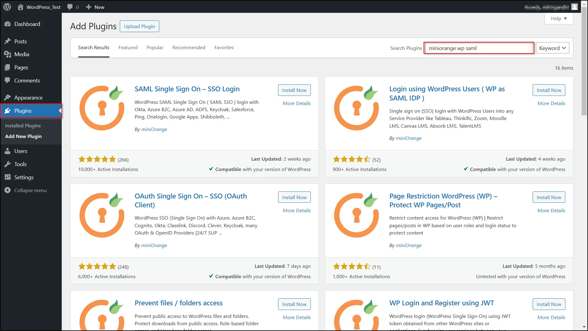 Click Plugins in left menu and search miniOrange WordPress SAML