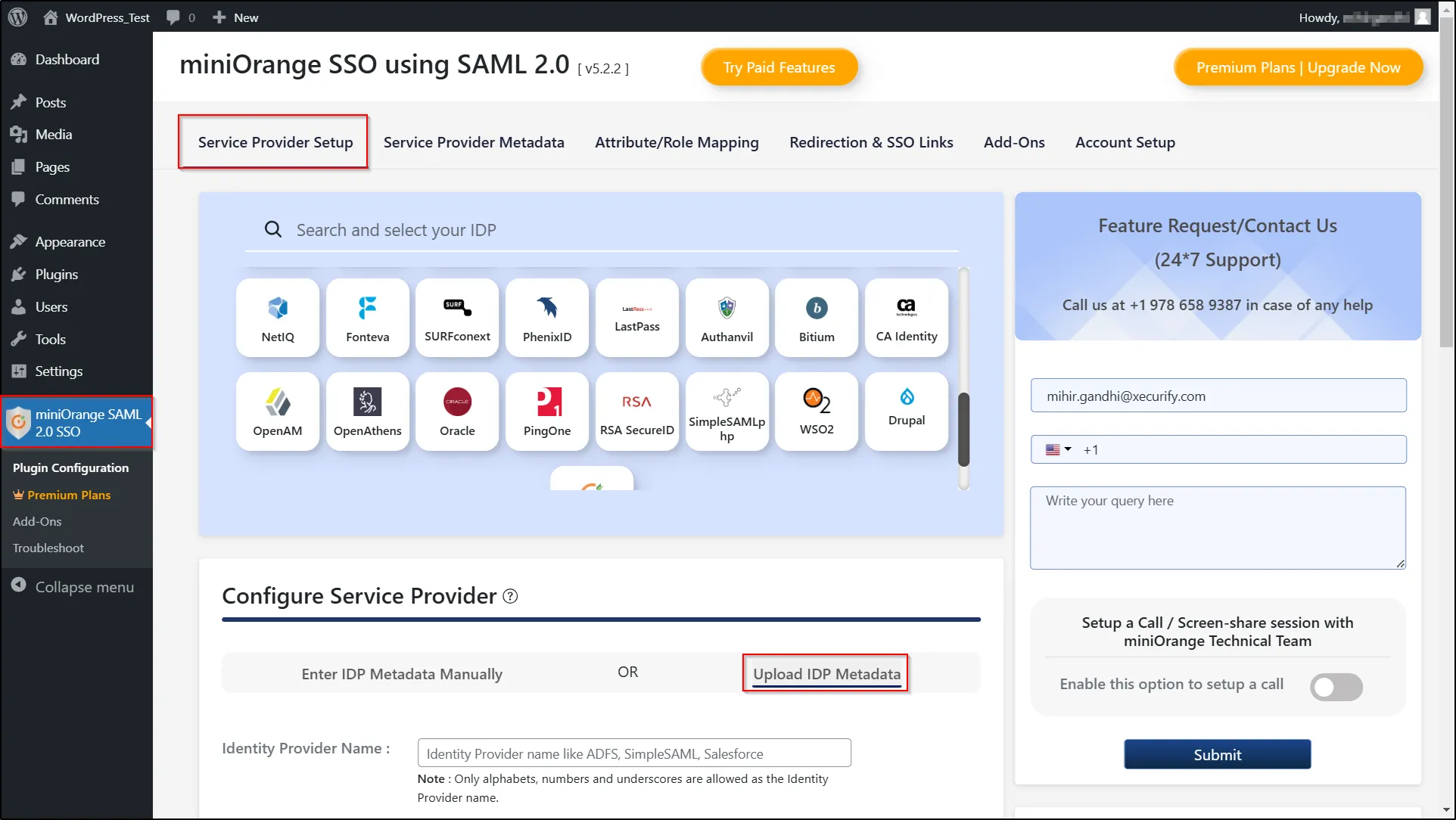 Drupal WordPress SSO - Click Upload Metadata tab