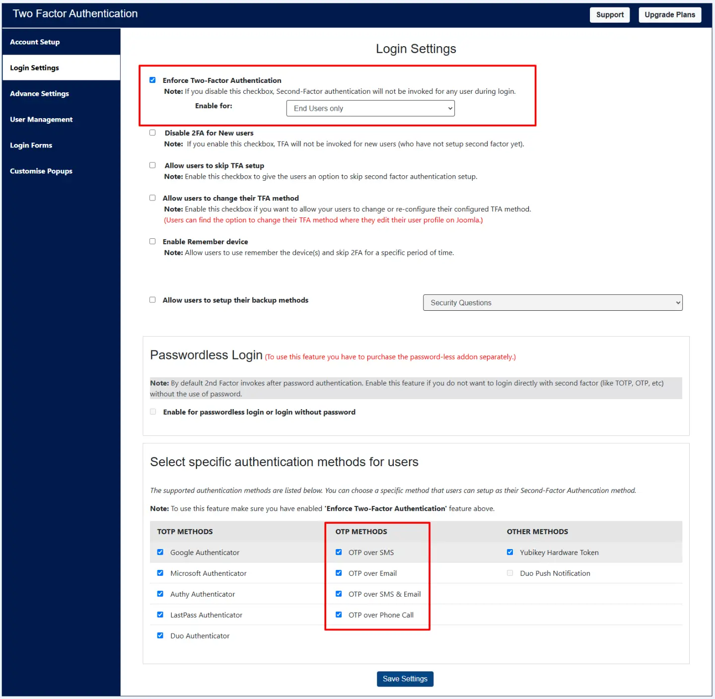 Enable OTP methods for 2FA