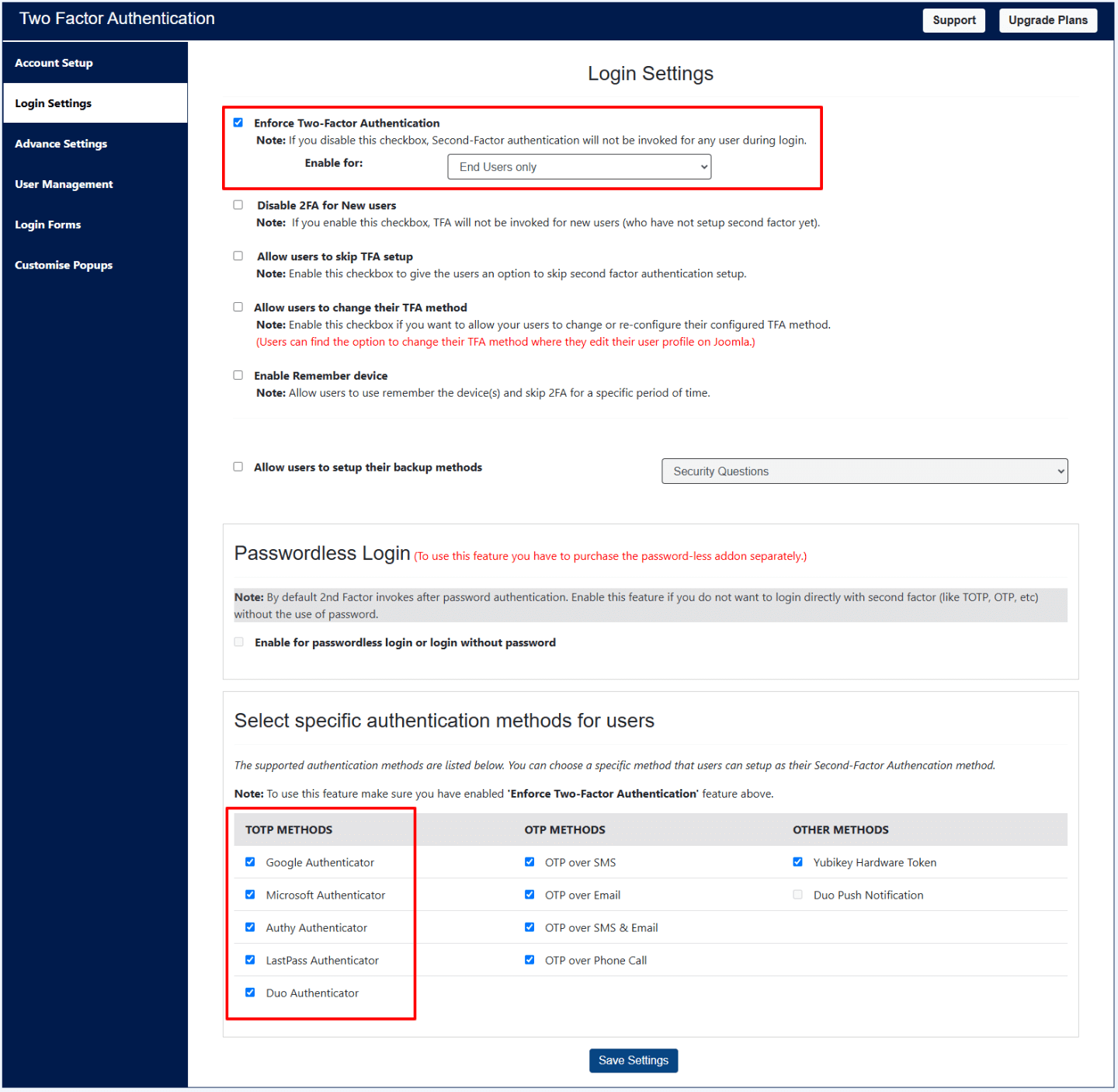 Enable Authenticator methods for 2FA