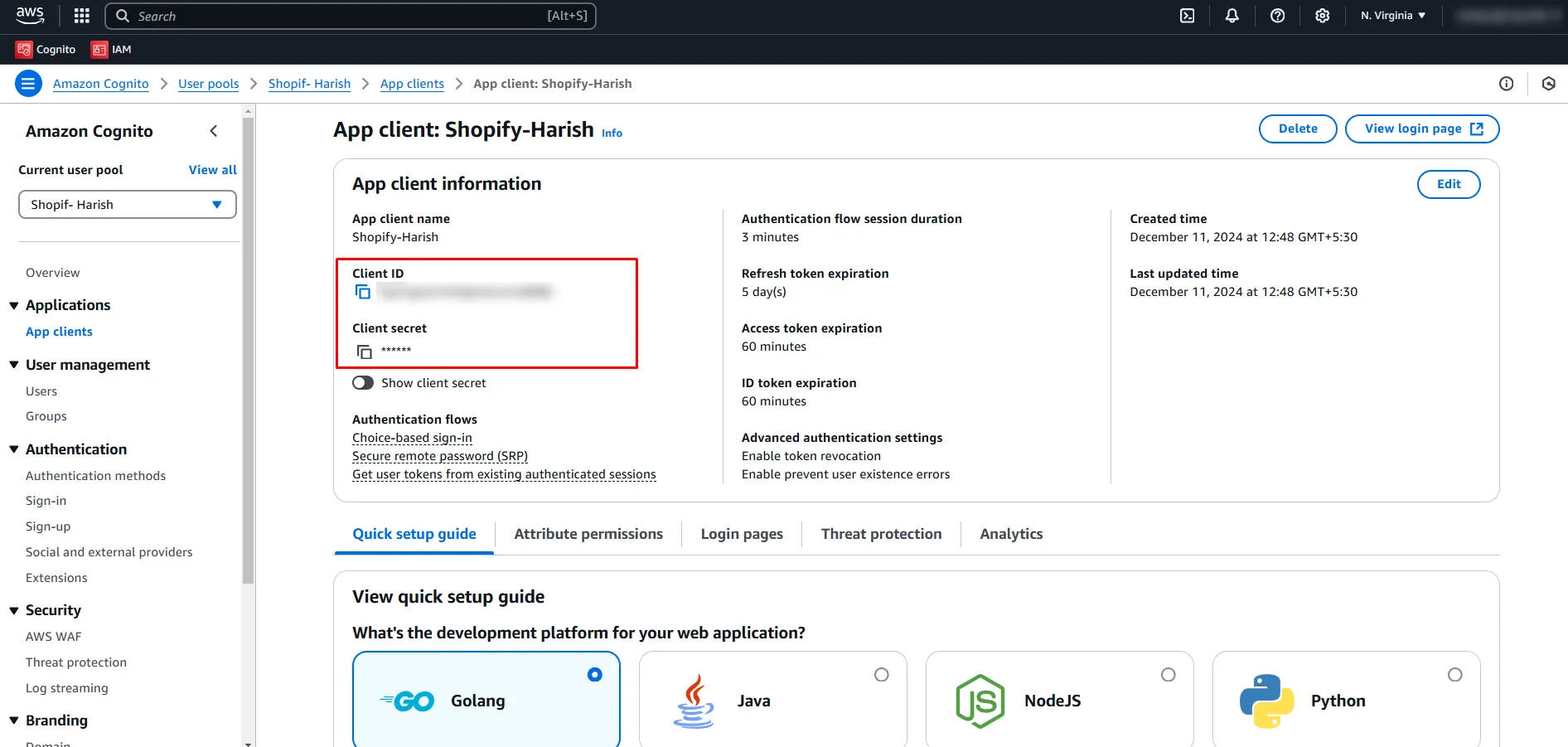 Shopify Cognito SSO - Copy Client ID and Secret