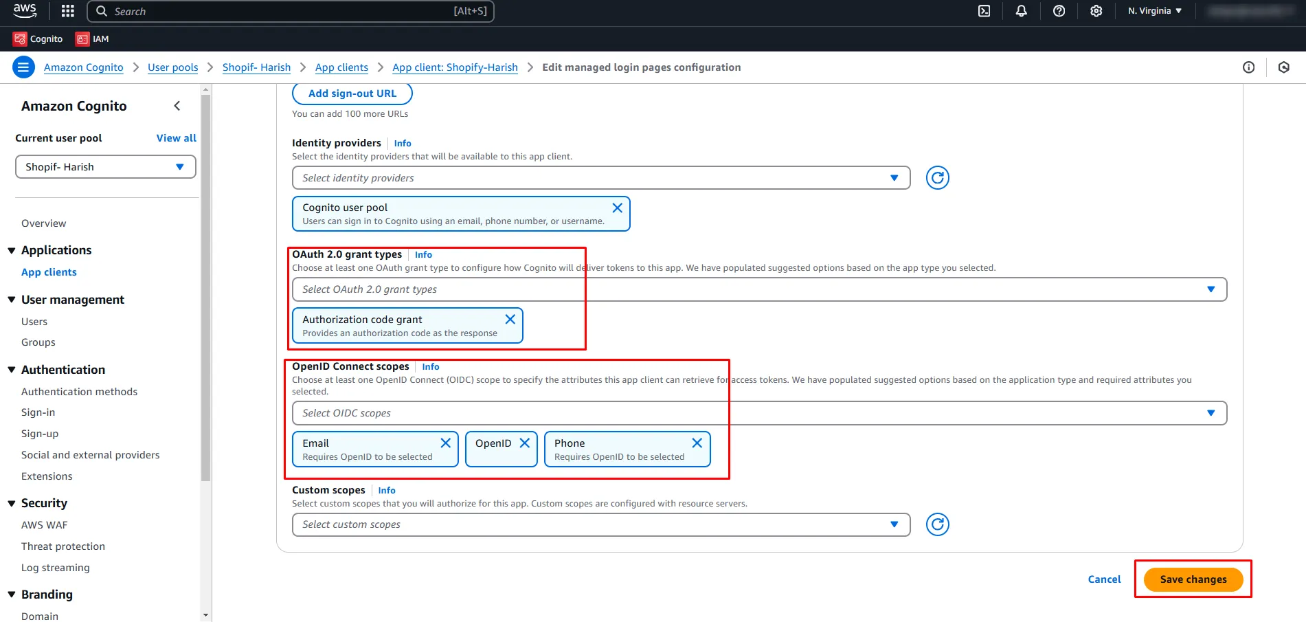 Shopify Cognito SSO - OAuth Grant Type and Scopes