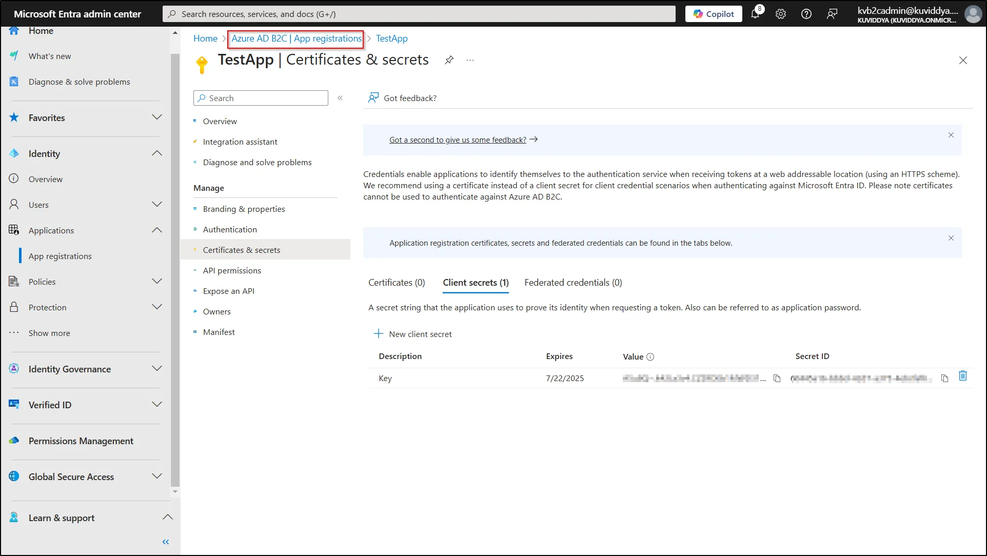 Select Azure AD B2C - App registrations from the Azure portal