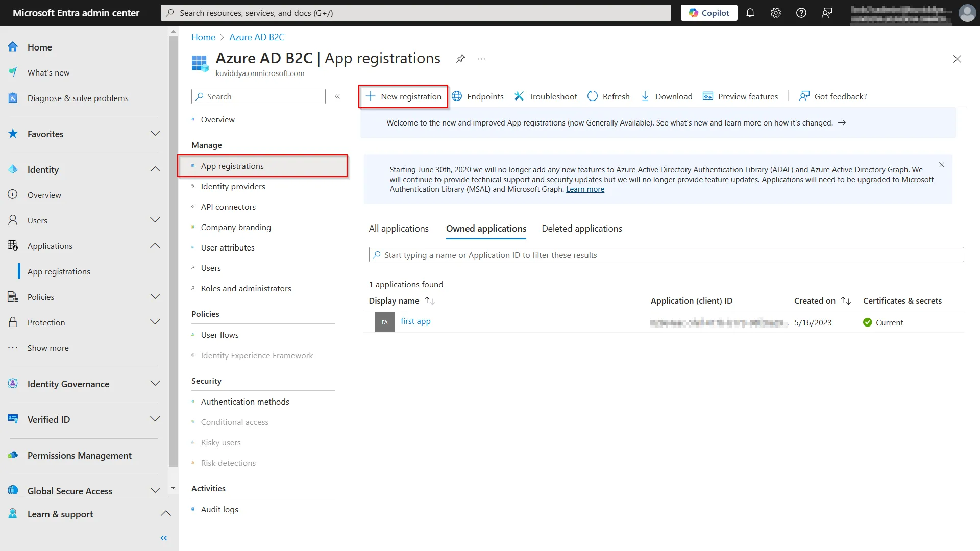 Microsoft Azure Create New Application