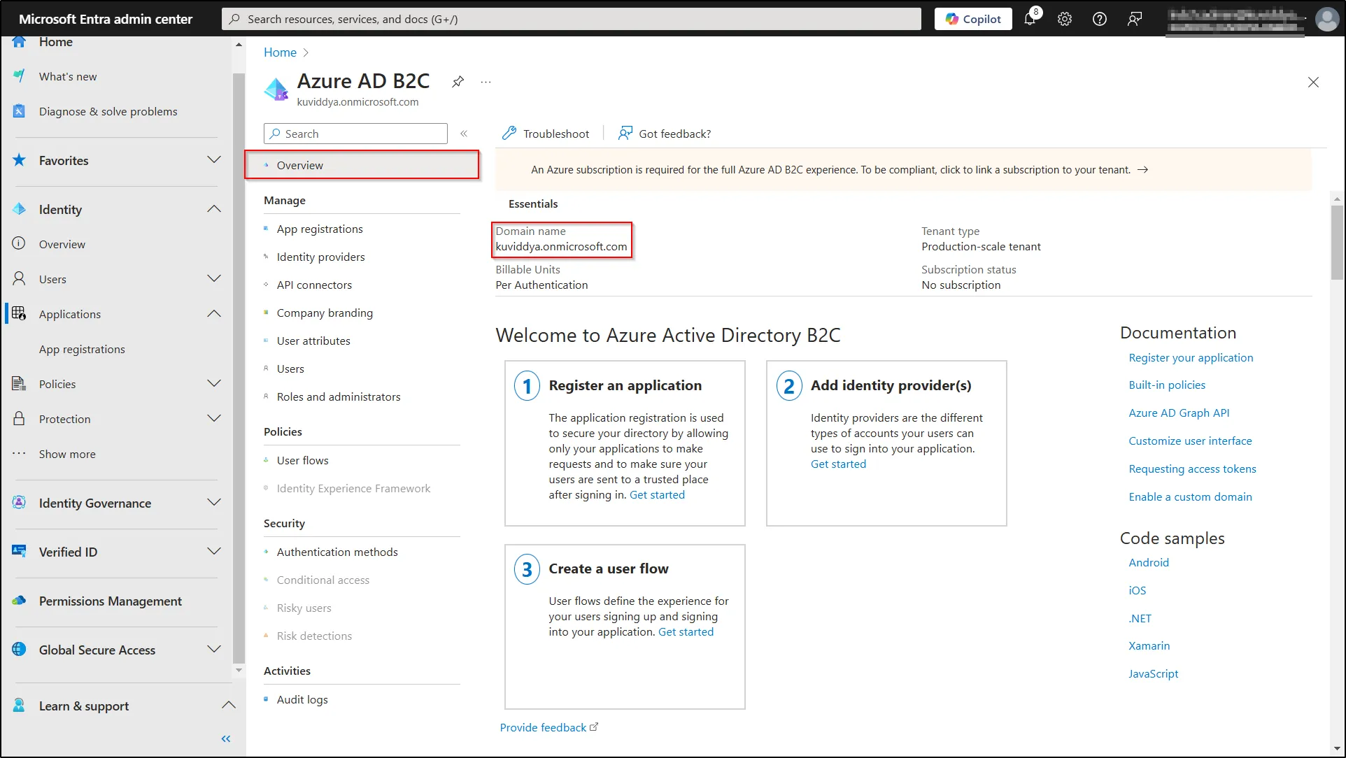 Select Azure AD B2C - click on Overview