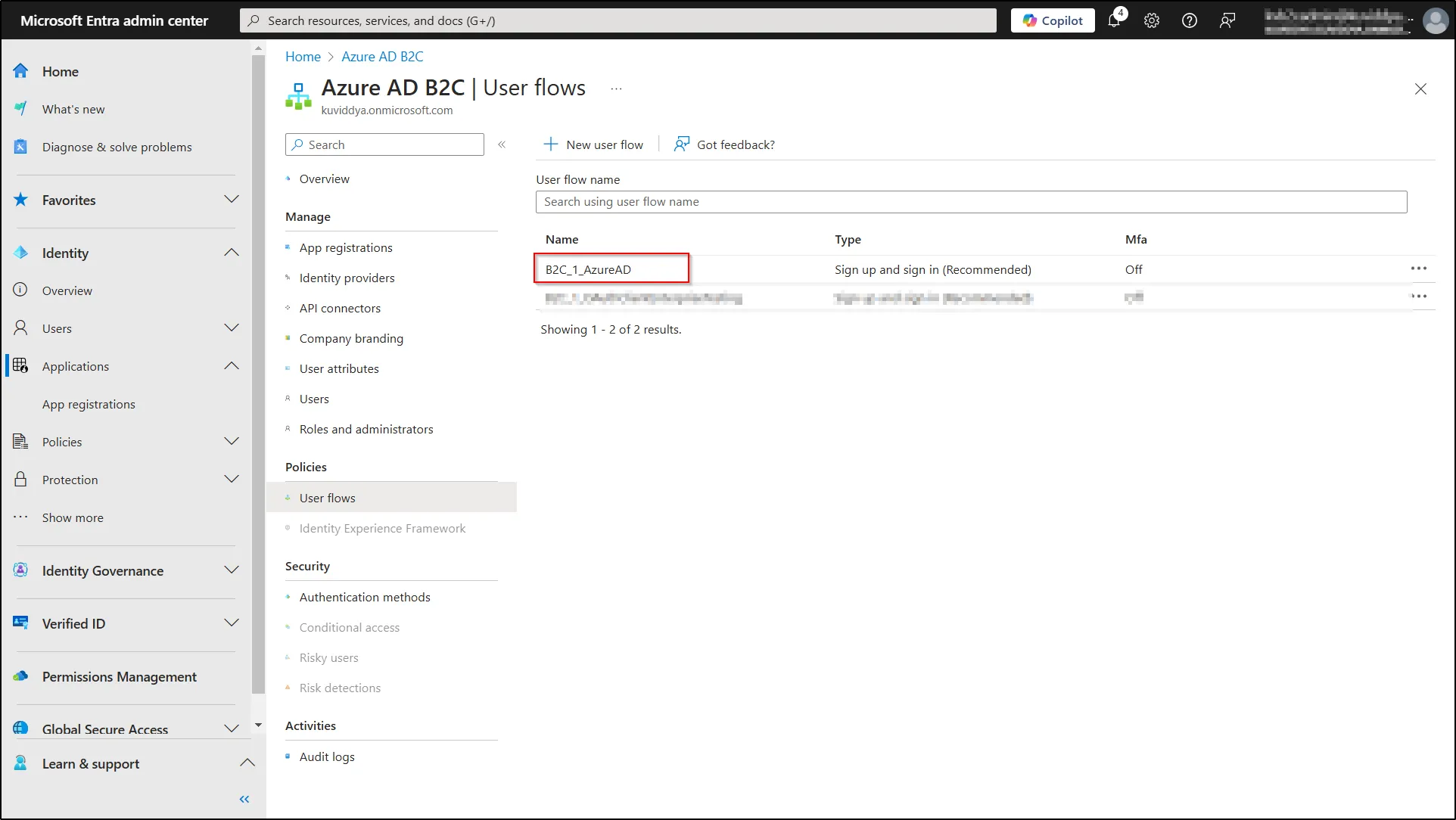 AAD B2C portal - Copy the user flow policy name