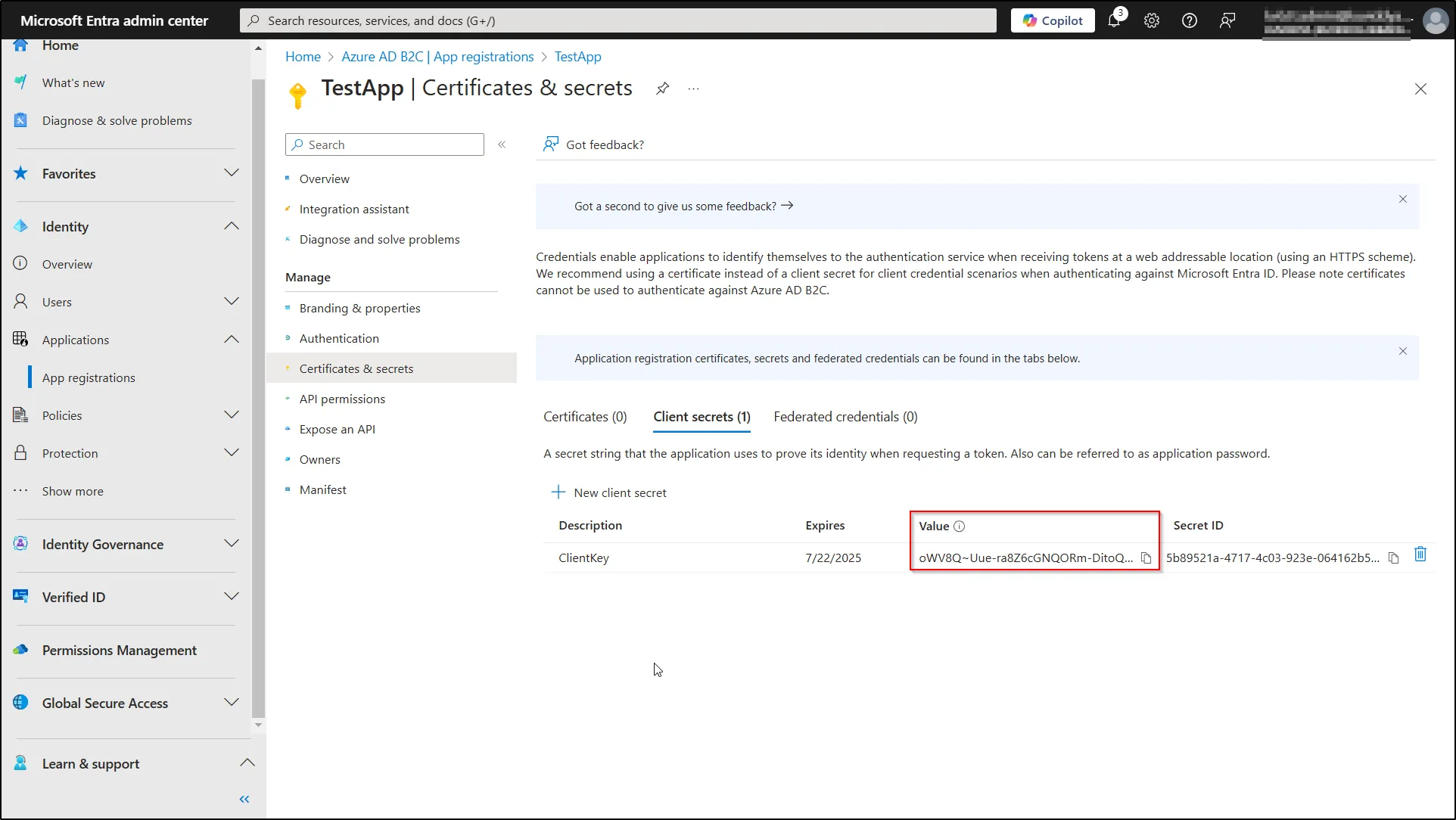 Copy the Client Secret Value from the Azure Active Directory portal