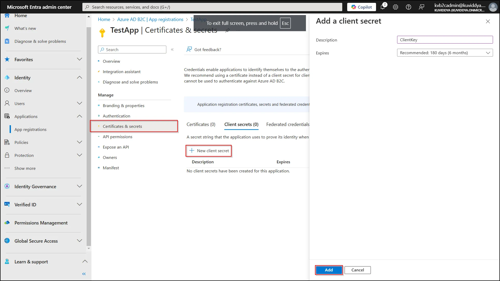 Microsoft Azure B2C to generate the Client Secret