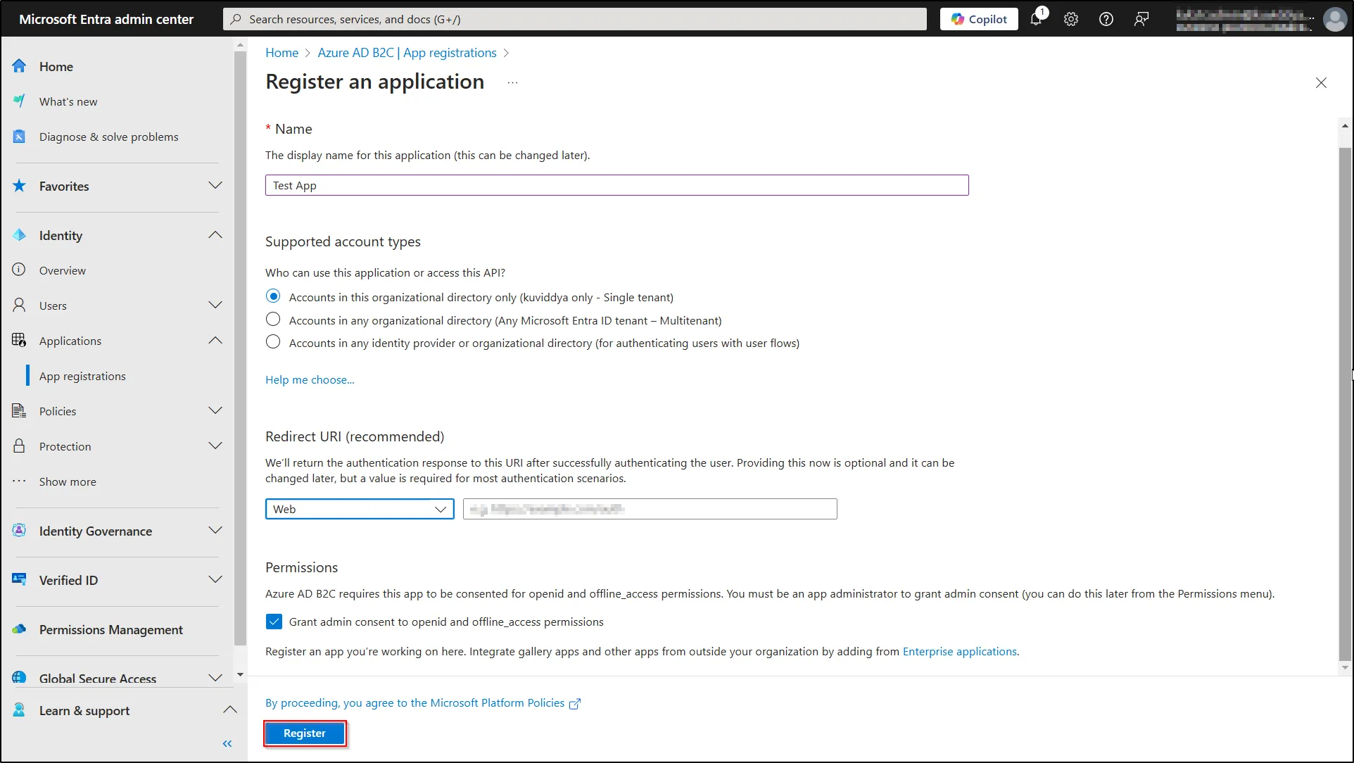 Microsoft Azure AD B2C portal, Enter required information in Register an application window