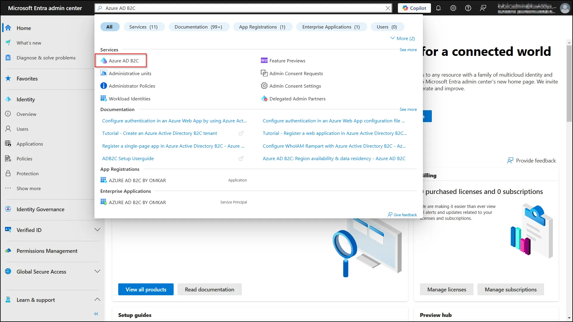 Microsoft Azure Home - Select Azure AD B2C