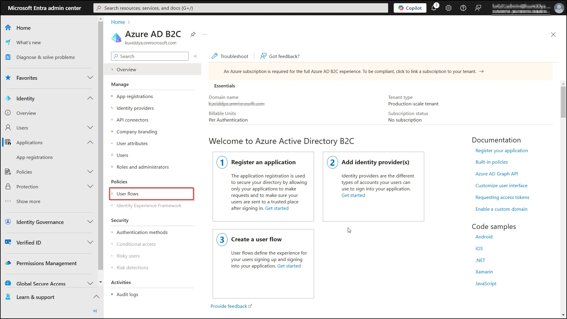 Microsoft AAD portal - select user flows option