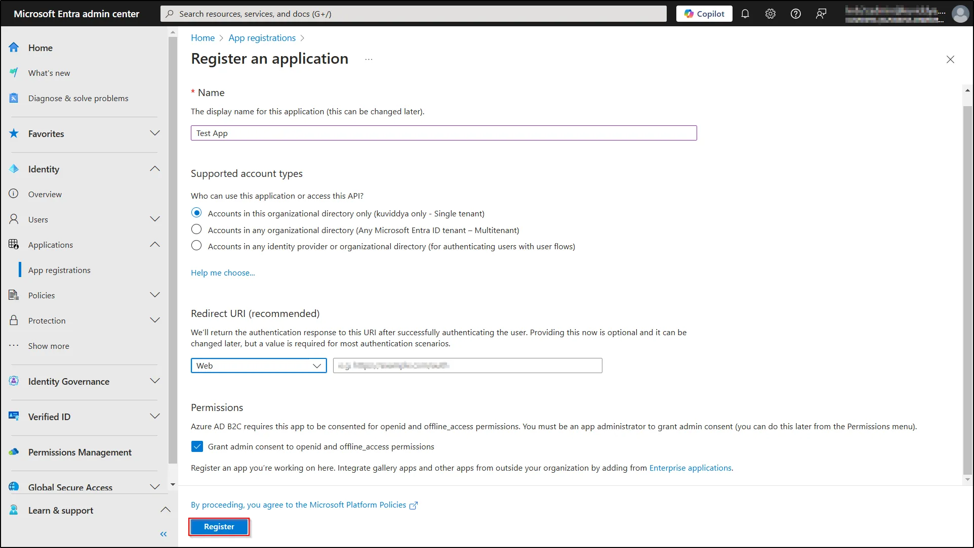 Microsoft Entra ID SSO Registration an application