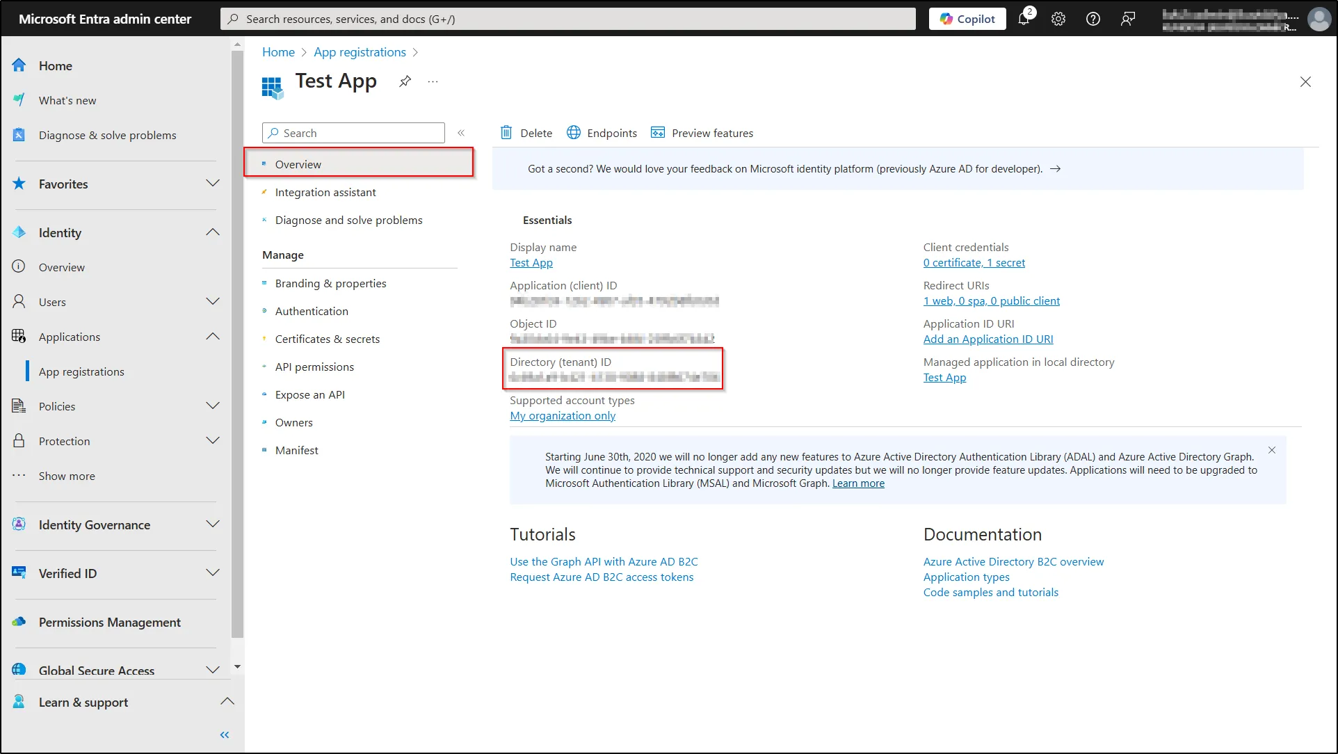 Microsoft Entra ID Dashboard - copy the Directory (tenant) ID