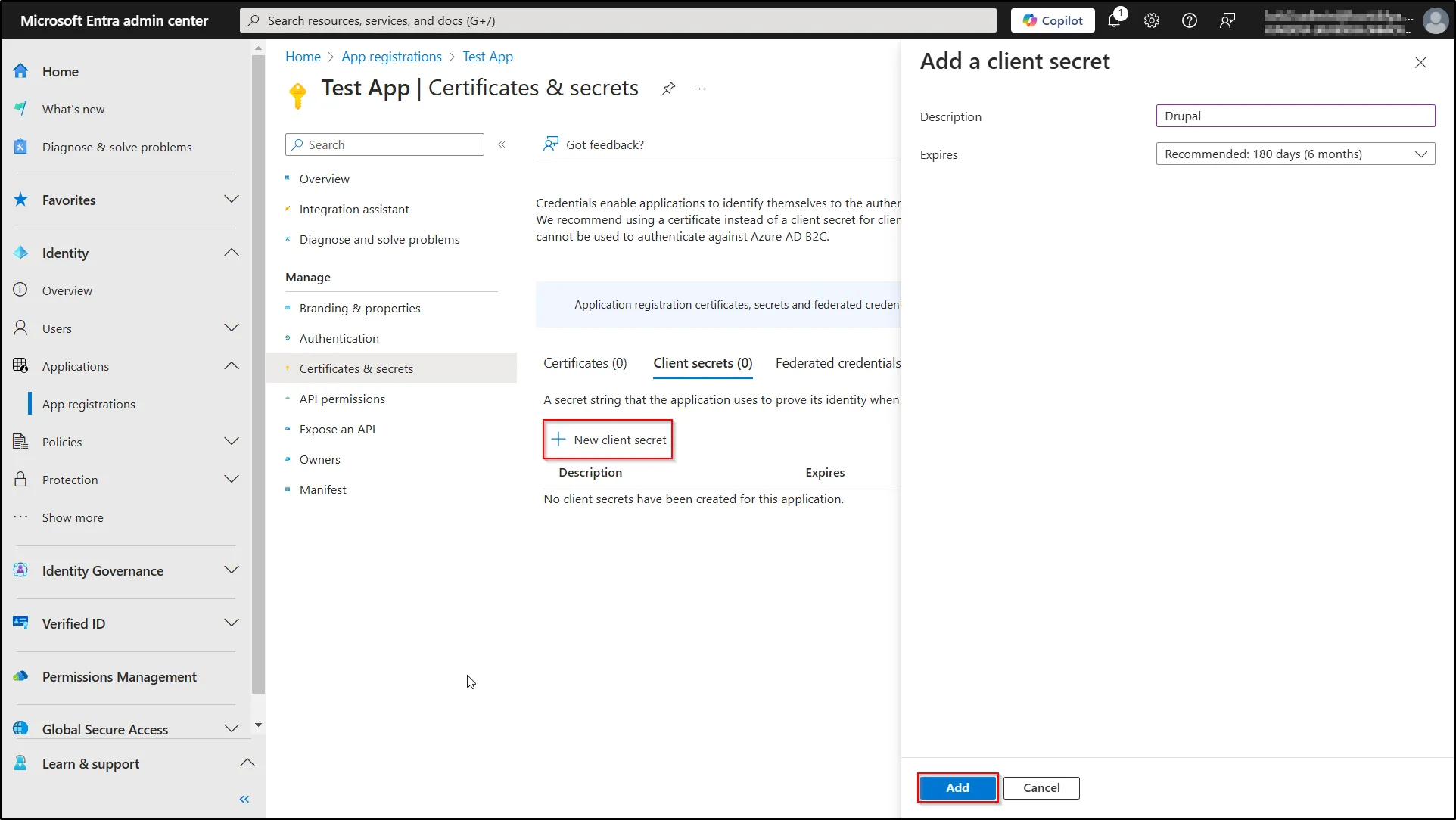 Microsoft Entra ID SSO - Add a client secret and expires duration in the Add a client secret window