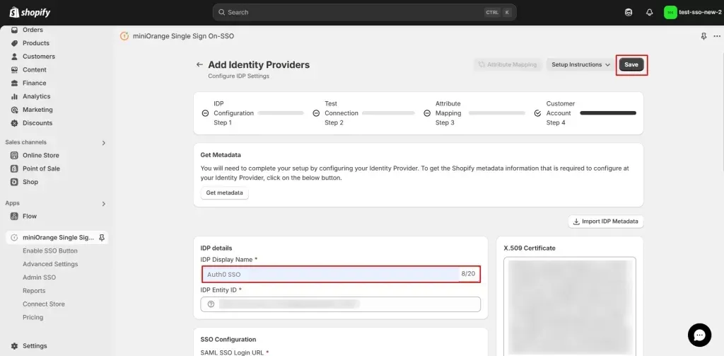 Save Configuration - Shopify Azure AD SSO