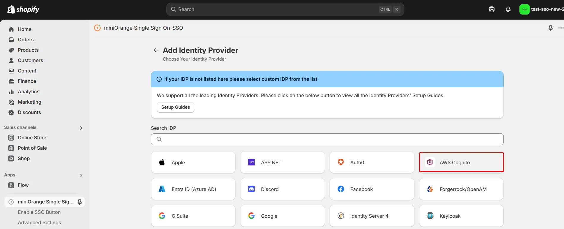 Shopify Cognito SSO - Choose AWS Cognito as IDP