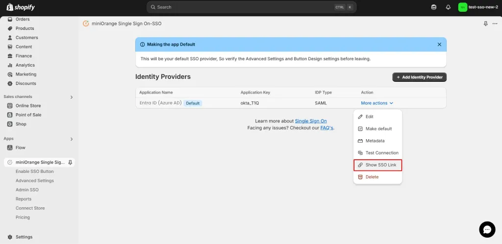 Show SSO Link - Shopify Azure AD SSO