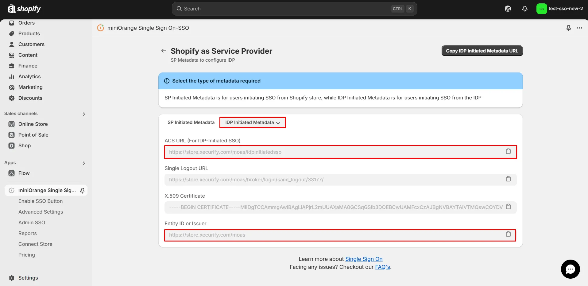 IDP Initiated Metadata - Shopify Azure AD SSO