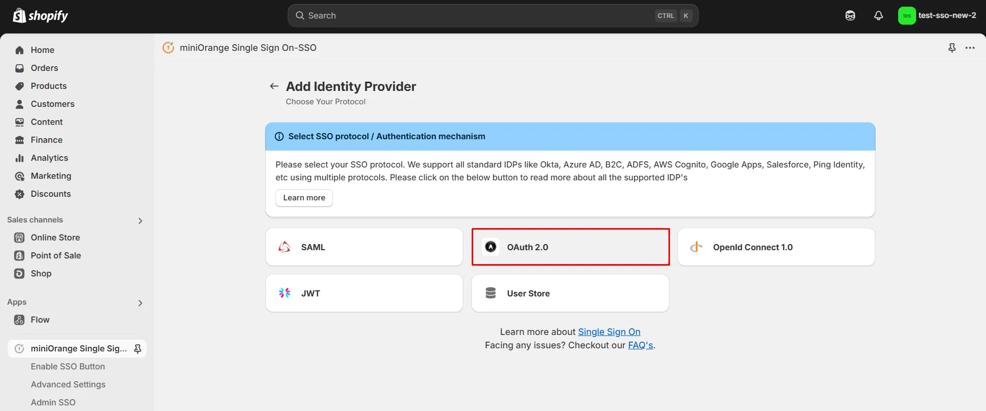 Shopify Cognito SSO - Select OAuth 2.0 Protocol