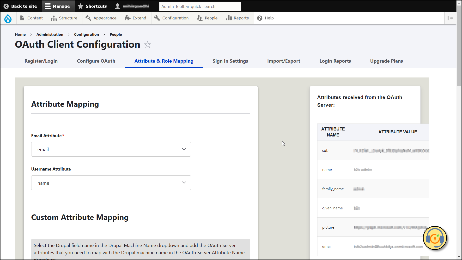 Drupal OAuth Client - Attribute mapping - Attribute mapping section