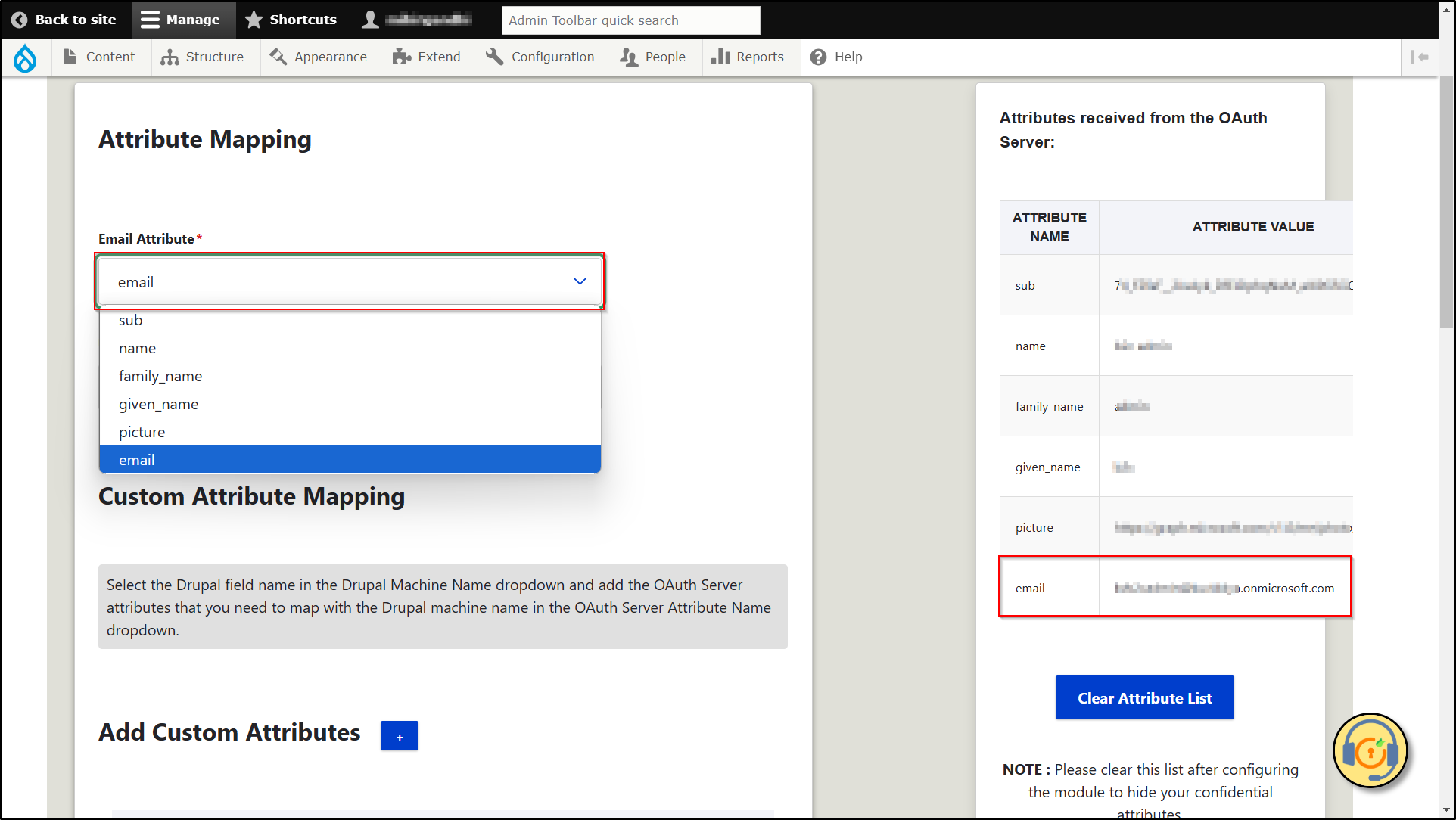 Drupal OAuth Client - Attribute mapping - select email attribute