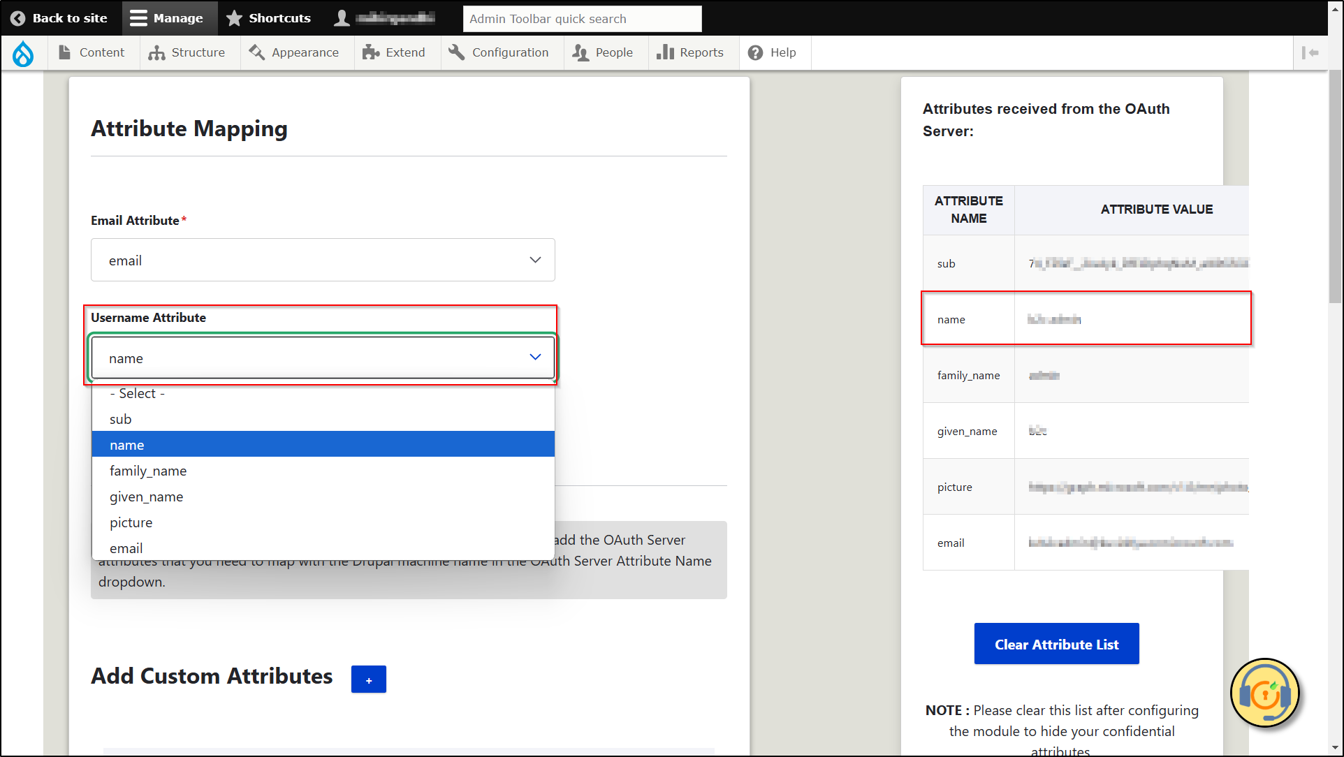 Drupal OAuth Client - Attribute mapping - select name attribute