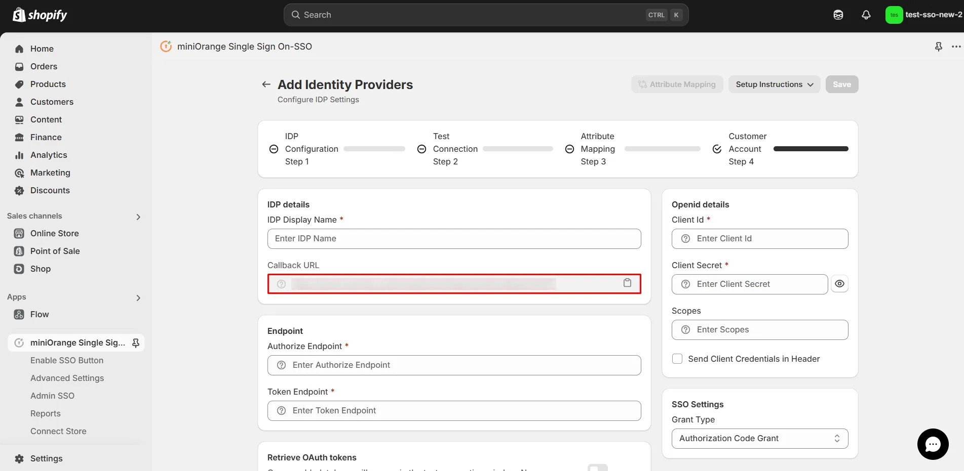 Copy Callback URL from SSO App - Shopify OAuth 2.0  SSO