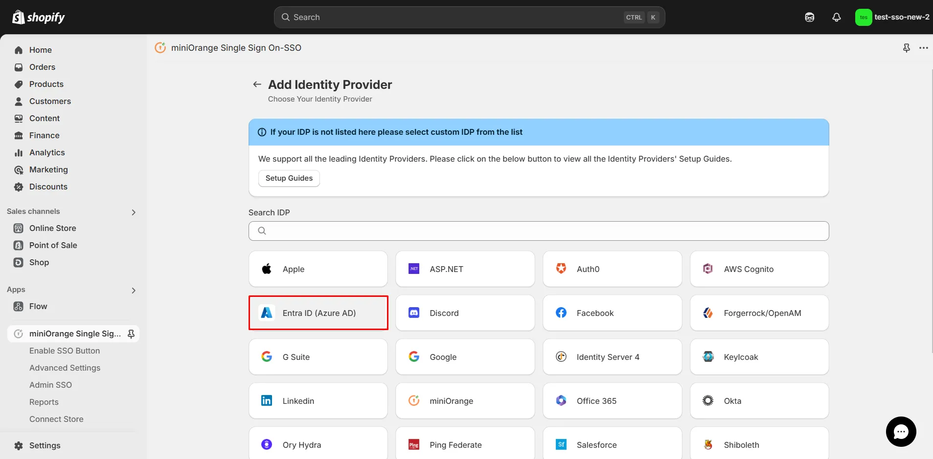 Shopify OAuth SSO using Microsoft Entra ID (Azure AD) - Choose Azure AD as IDP