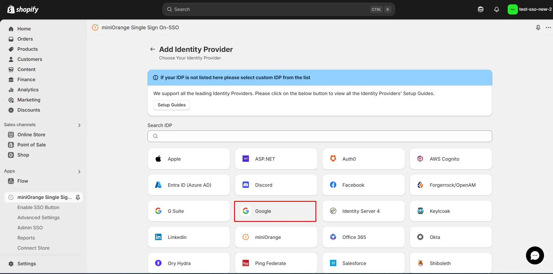 Shopify Google SSO - Choose AWS Cognito as IDP