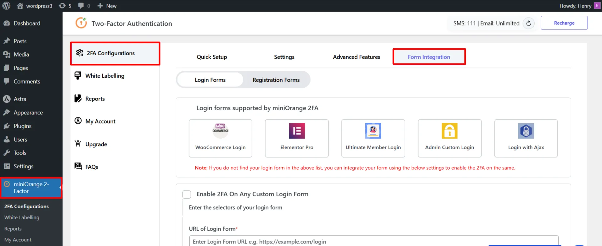 Custopm Login Form - 2FA configuration tab