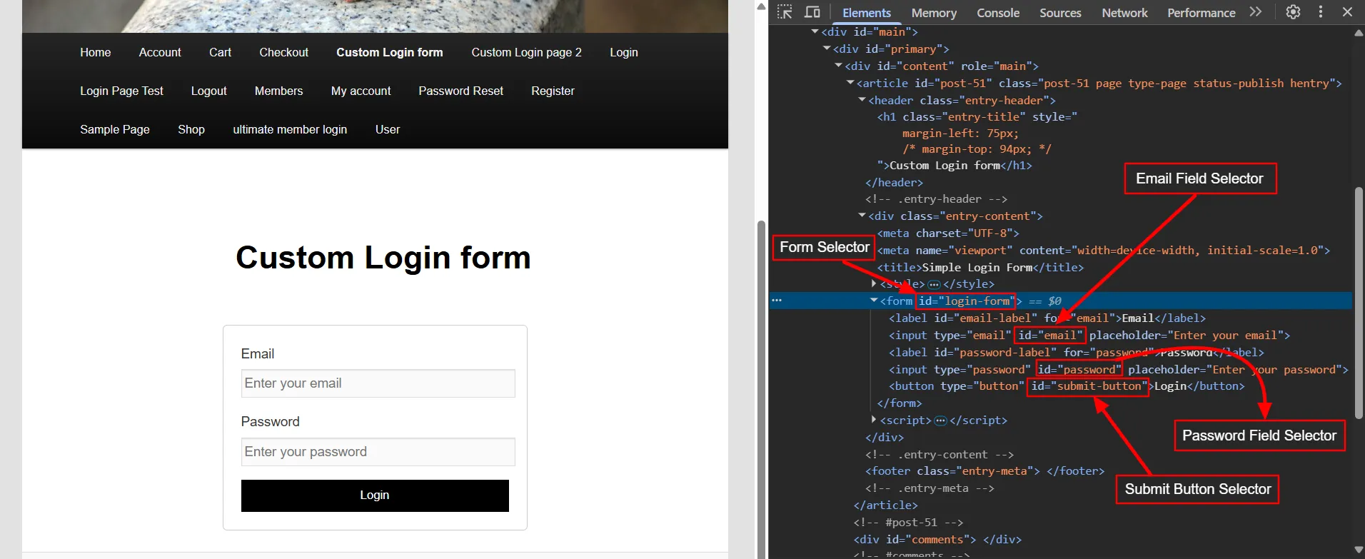 Custopm Login Form - Note Selectors