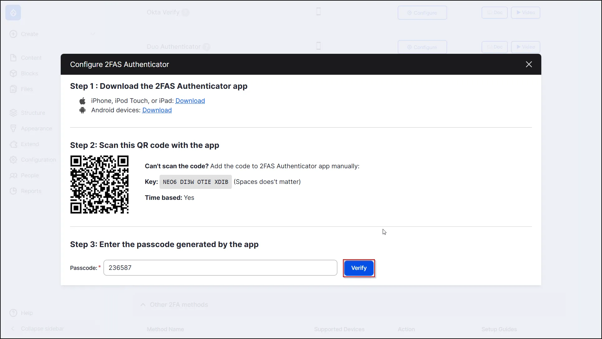 Configure Duo Authenticator 2FA Method