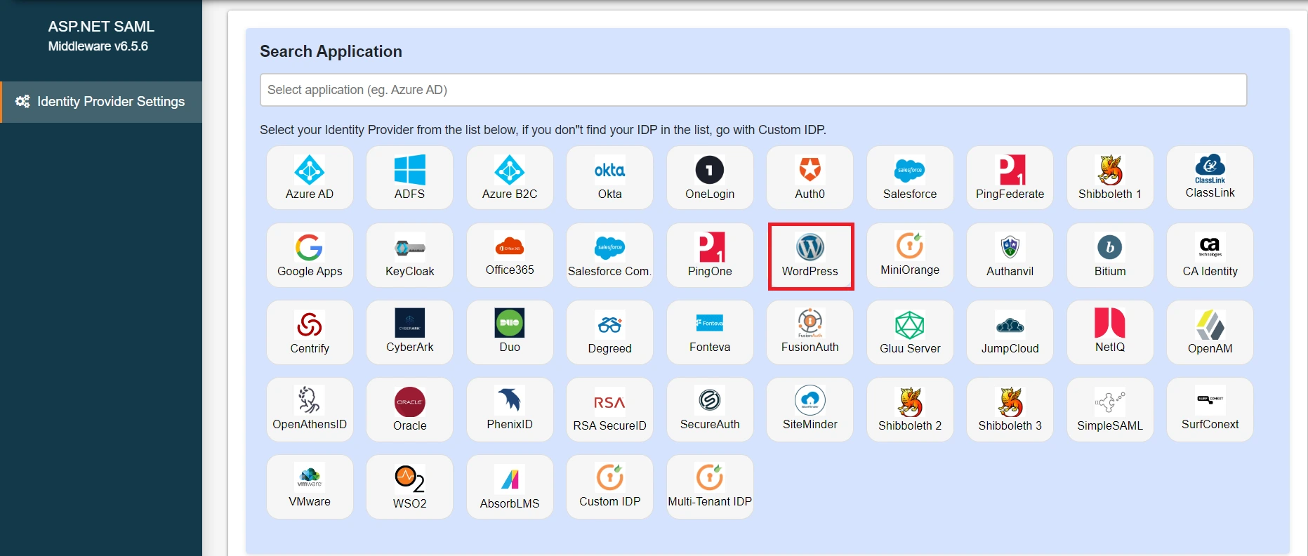 ASP.NET Core SAML Single Sign-On (SSO) using WordPress as IDP - Add New IDP