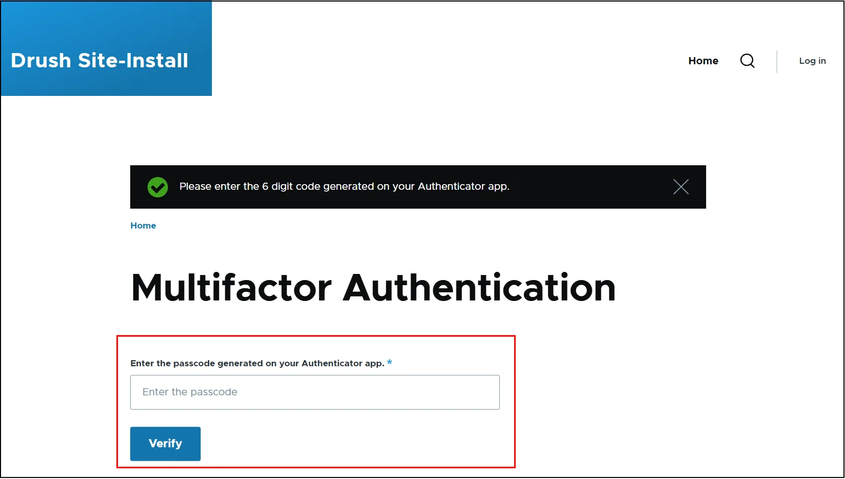 Drupal 2FA - Enter passcode and click verify